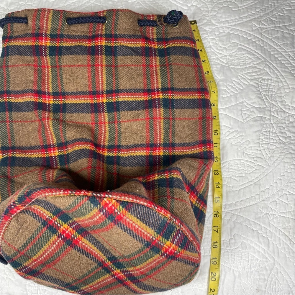 VINTAGE 90s GAP Mt. Whistler Brown Tartan Plaid Drawstring Wool Bucket Backpack - Picture 13 of 16